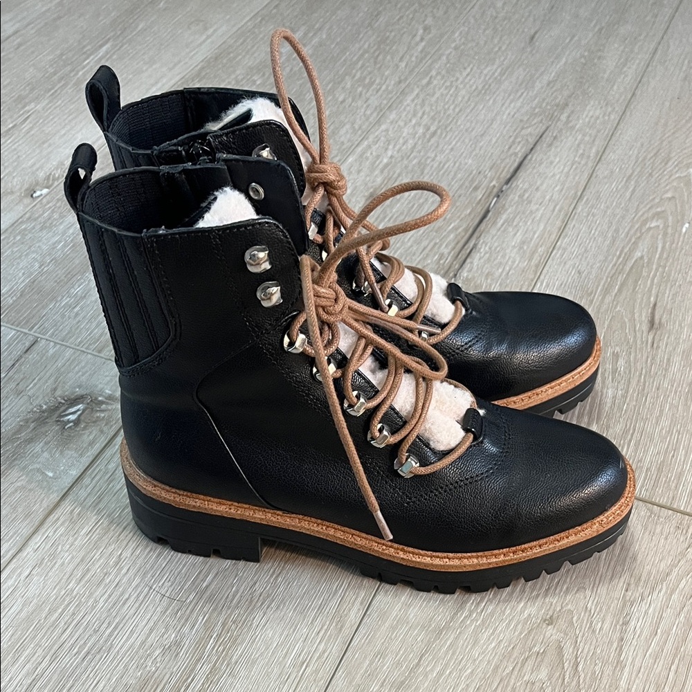 Nine West Black Lace-Up Combat Boots with Tan Laces Size 7